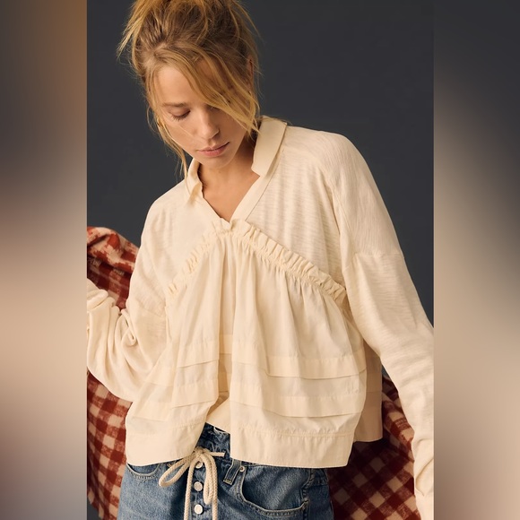 Pilcro Tops - Anthropology Pilcro Long-Sleeve V-Neck Ruffled Babydoll Top size medium cream